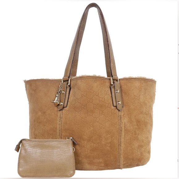 AUTH GUCCI MOUTON SUEDE SHERPA MONOGRAM TOTE & POUCH - Picture 1 of 13